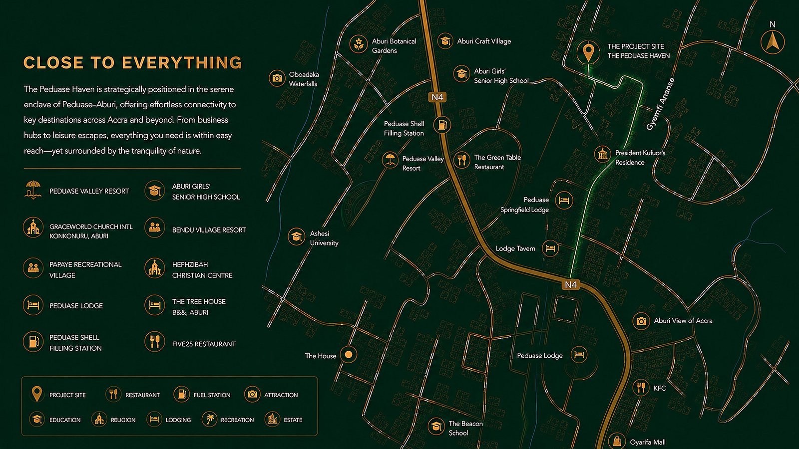 Close to everything — map of The Peduase Haven Ltd and nearby Aburi-Peduase landmarks